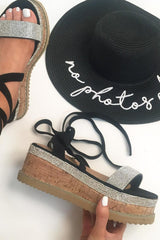 Black Diamante Embellished Lace Up Wedges - Phillis