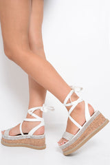 White Diamante Embellished Lace Up Wedges - Phillis