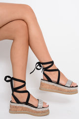 Black Diamante Embellished Lace Up Wedges - Phillis