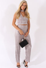 Grey Metallic Shimmer Pleated High Waisted Trousers - Phoebe