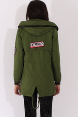 Army Green Badge Detail Parka Jacket - Phoenix