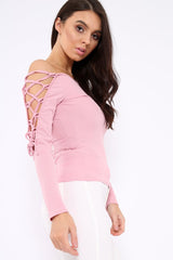 Pink Ribbed Bardot Lace up Sleeve Top - Phoenix