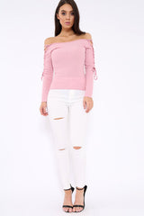 Pink Ribbed Bardot Lace up Sleeve Top - Phoenix