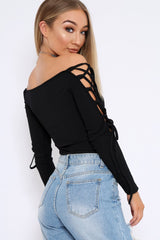 Black Ribbed Bardot Lace up Sleeve Top - Phoenix
