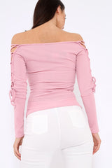 Pink Ribbed Bardot Lace up Sleeve Top - Phoenix