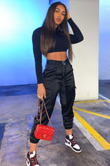 Black Satin Belted Utility Pocket Double Buttoned Trousers - Una