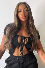 Black Open Tie Front Crop Top - Ozella