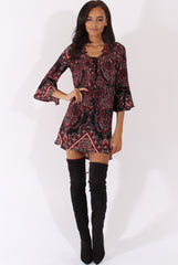 Black Paisley Print Flared Sleeve Dress - Pia