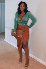 Khaki Plunging Wrap Middle Bodysuit - Ivyrose