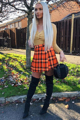 Orange Tartan Button Front Pleated Skirt - Laela