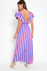 Pink And Lilac Plunge Wrap Belted Maxi Dress - Carri
