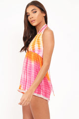Pink And Orange Mirrored Plunge Halterneck Playsuit - Posy