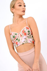 Pink Mesh Embroidered Cami Crop Top - Thalia