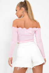 Pink Ribbed Frill Bardot Crop Top - Cassidy