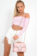 Pink Ribbed Frill Bardot Crop Top - Cassidy