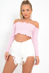 Pink Ribbed Frill Bardot Crop Top - Cassidy