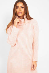 Pink Knitted Roll Neck Jumper Dress - Cecily