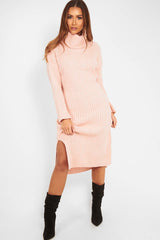 Pink Knitted Roll Neck Jumper Dress - Cecily