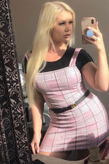 Pink Houndstooth Straight Neck Crepe Mini Dress - Khalie