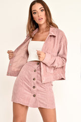 Pink Corduroy Button Front Mini Skirt - Elcie