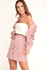 Pink Corduroy Button Front Mini Skirt - Elcie
