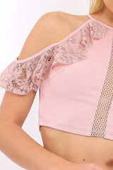 Rose Halter Neck Frill Cold Shoulder Crop Top - Carlie