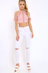 Rose Halter Neck Frill Cold Shoulder Crop Top - Carlie