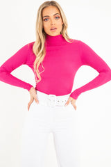 Fuchsia Rib Roll Neck Long Sleeve Top - Marci