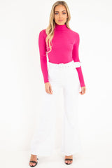 Fuchsia Rib Roll Neck Long Sleeve Top - Marci