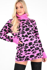 Fuchsia Leopard Roll Neck Jumper - Deona