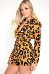 Yellow Leopard Long Sleeve Plunge Playsuit - Kailaya