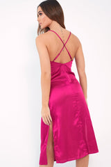 Pink Satin Cami Strap Satin Midi Dress - Sadia