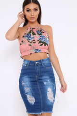 Pink Floral Halterneck Backless Crop Top - Aarin