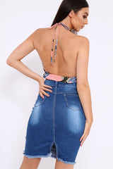 Pink Floral Halterneck Backless Crop Top - Aarin