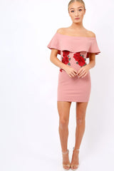 Rose Bardot Frill Bodycon Applique Dress - Leticia