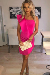Fuchsia Scuba One Shoulder Ruffle Front Dress - Kyomi