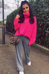 Neon Pink Roll Neck Jumper Dress - Freylynn