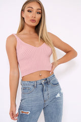 Pink Knitted Plunge Front Vest Top - Jenova