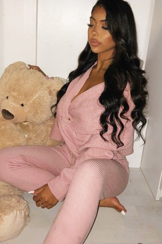 Pink Knot Front Knit Loungewear Set - Lorelei