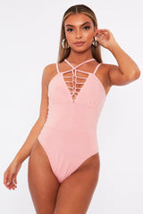 Pink Lace Up Front Bodysuit - Gea