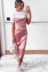 Light Pink Satin Cowl Neck Midi Bodycon Dress - Liliana