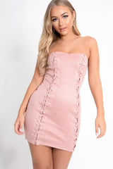 Rose Suede Lace Up Front Bandeau Mini Dress - Lily