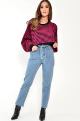 Pink Hounds Tooth Cropped Batwing Jumper - Lizy