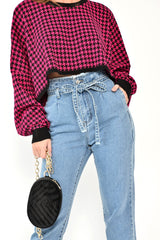 Pink Hounds Tooth Cropped Batwing Jumper - Lizy