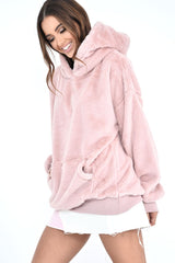 Pink Faux Fur Pocket Front Hoodie - Madi