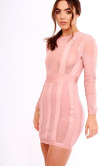 Pink Mesh Panel Striped Bandage Bodycon Dress - Clara