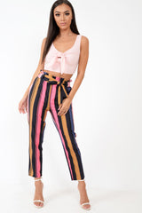 Multi Pink Stripe Tie Waist Tapered Trousers - Midori