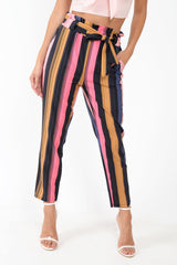 Multi Pink Stripe Tie Waist Tapered Trousers - Midori