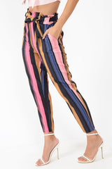 Multi Pink Stripe Tie Waist Tapered Trousers - Midori