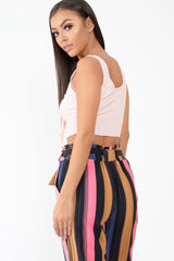 Pink Plunge Rib Tie Front Crop Cami - Navira